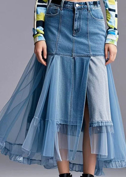 Stylish Blue Asymmetrical Patchwork Tulle Denim Skirt Spring