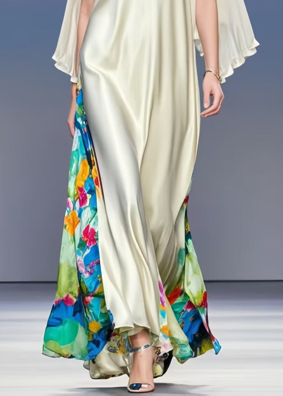 Fashion Milk White V Neck Patchwork Silk Vacation Dresses Cloak Sleeves