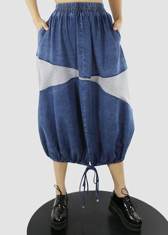 Women Blue white elastic waist drawstring Patchwork denim Skirt