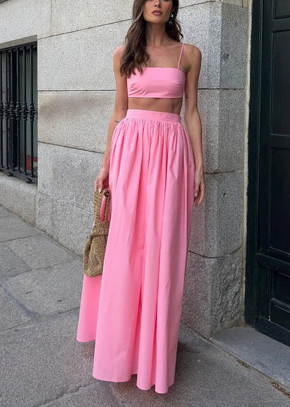 Fitted Pink Silm Fit Cotton Strapless Tops And Skirts Women Sets 2 Pieces Summer