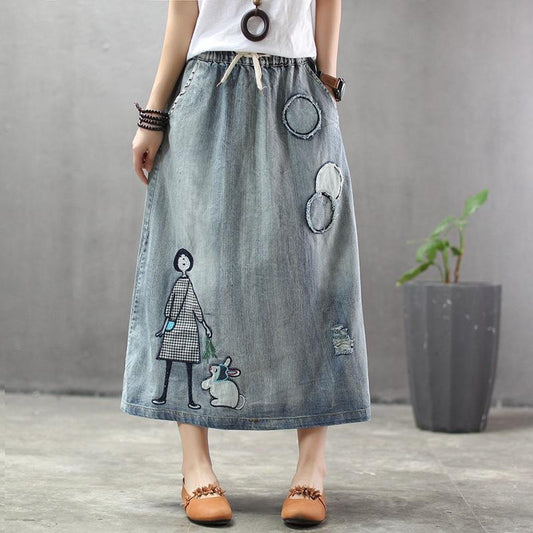 Cozy Thin Cartoon Embroidered Patch Swing  Denim Skirt