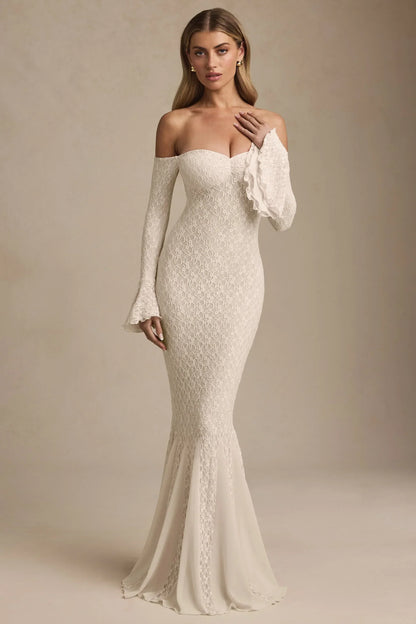 Off-Shoulder Ruffle Lace Maxi Dress In Ivory
