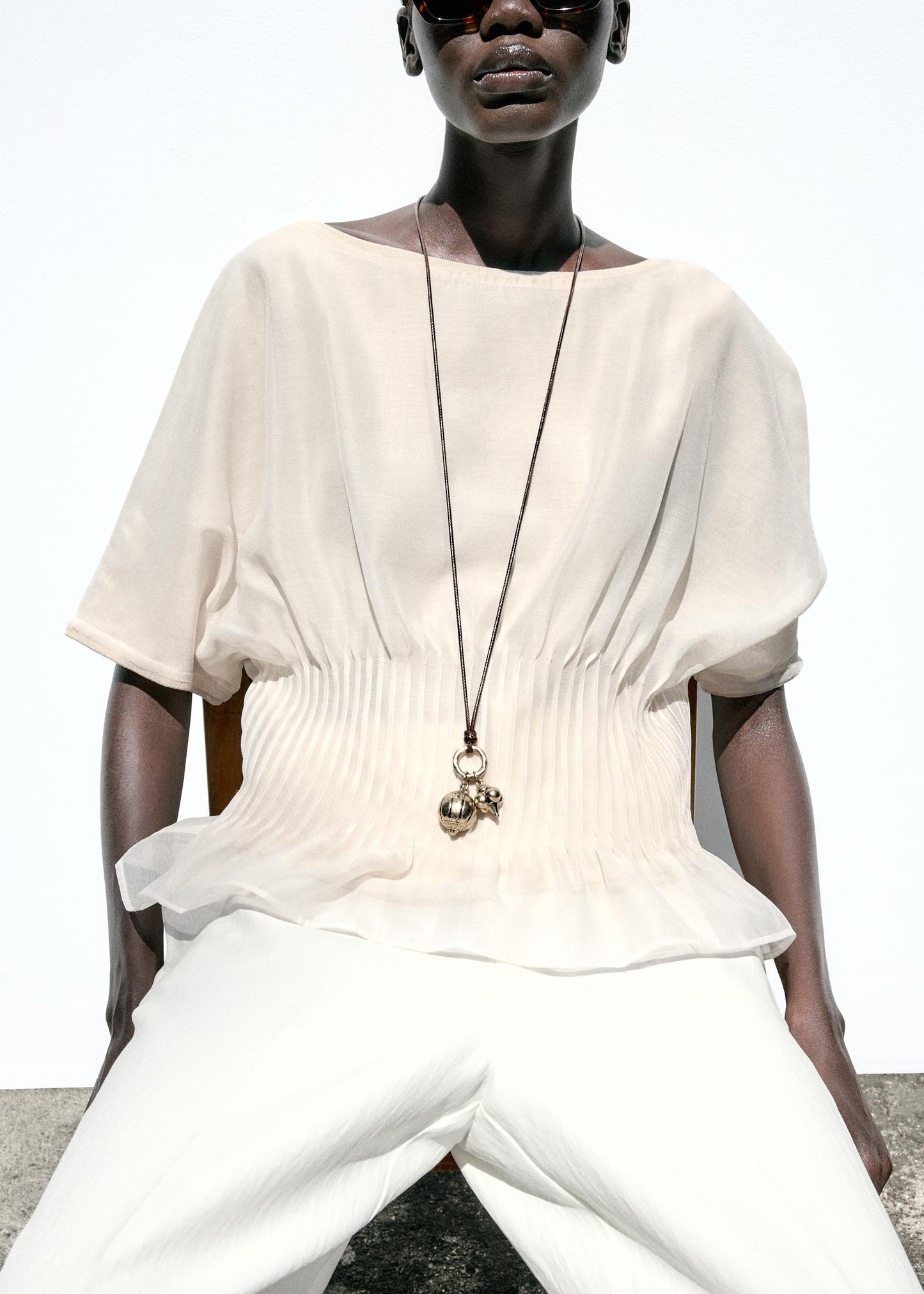Women Beige Wrinkled Tulle Patchwork Cotton Knit T Shirts Summer