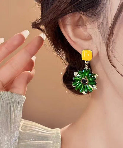 Classy Yellow Copper Overgild Crystal Floral Drop Earrings