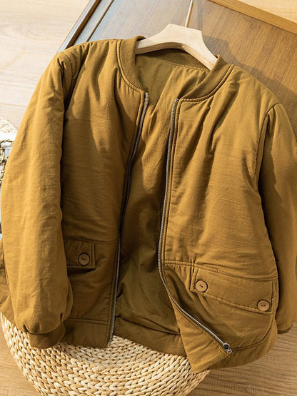 100% Natural Fabric Solid Zipper Round Neck Long Sleeve Coat