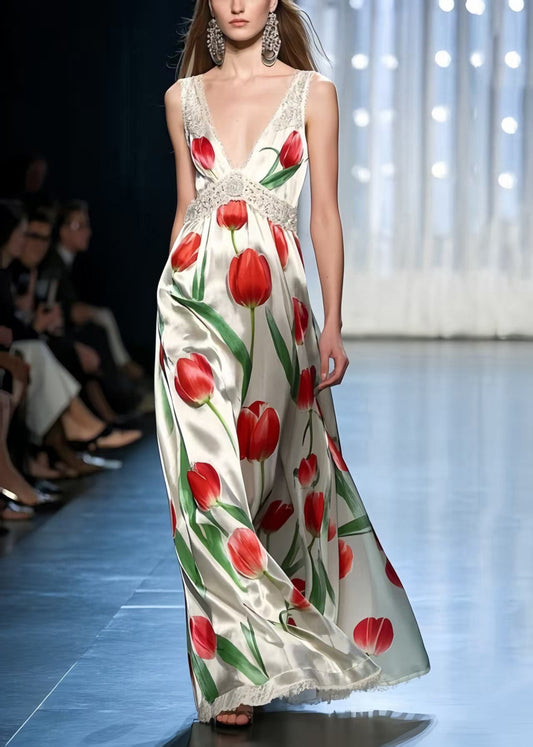 Italian White Floral Print Draping Silk Vestidos Dresses Summer