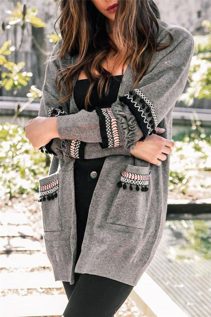 Boho Cording Knitted Cardigan - Gray