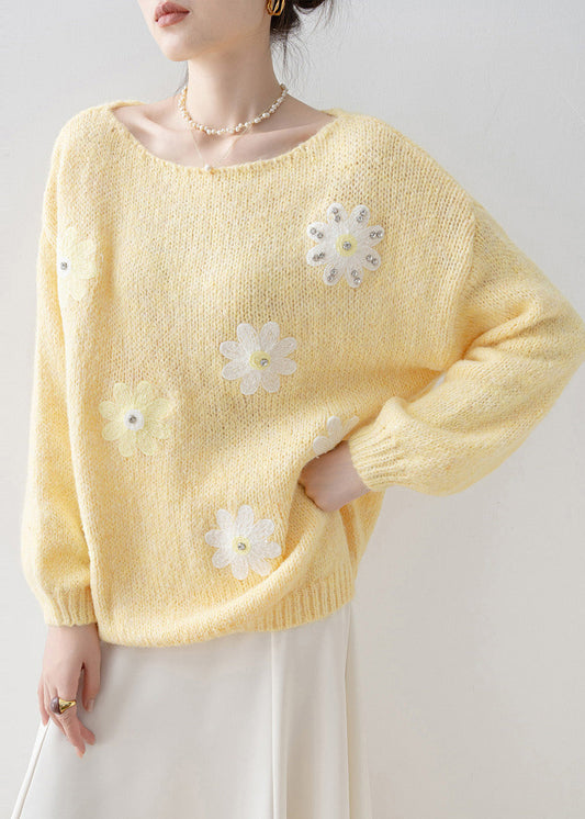Fine Yellow Oversized Rhinestone Floral Knit Sweaters Winter