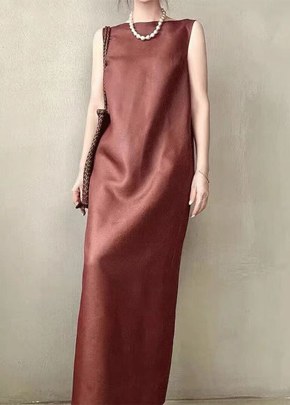 Elegant Red Pockets Back Side Open Silk Long Dress Sleeveless