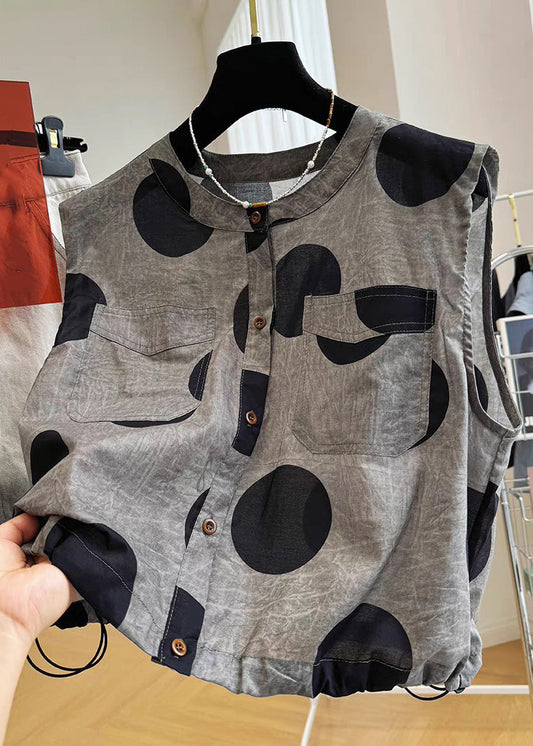 Loose Grey Dot Pockets Drawstring Cotton Waistcoat Sleeveless
