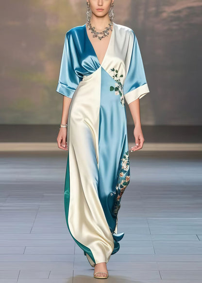 Plus Size Colorblock V Neck Print Silk Dresses Half Sleeve