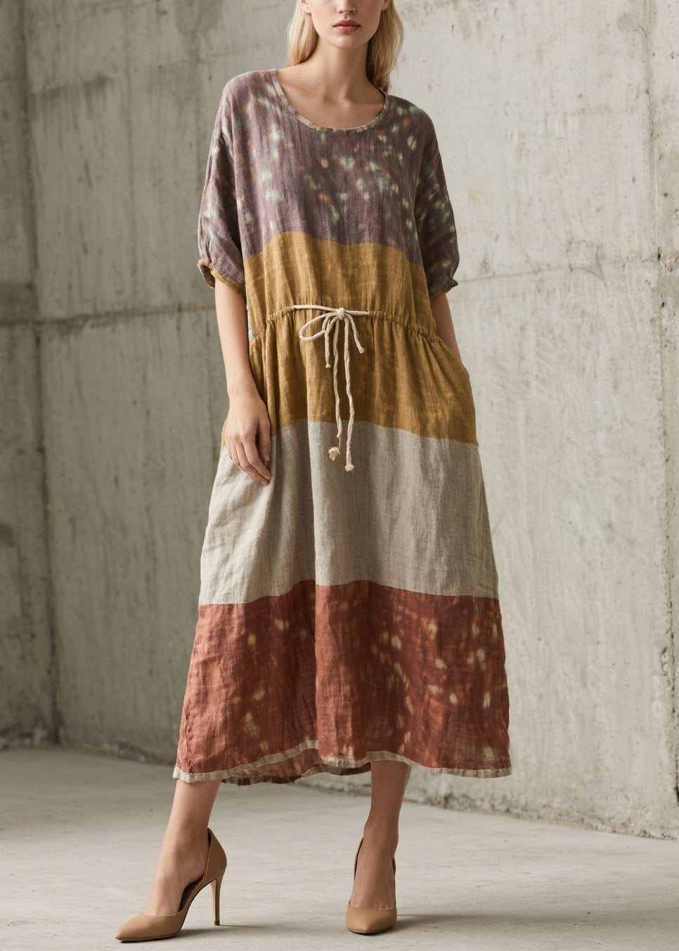 Plus Size Colorblock O Neck Lace Up Cotton Long Dress Summer