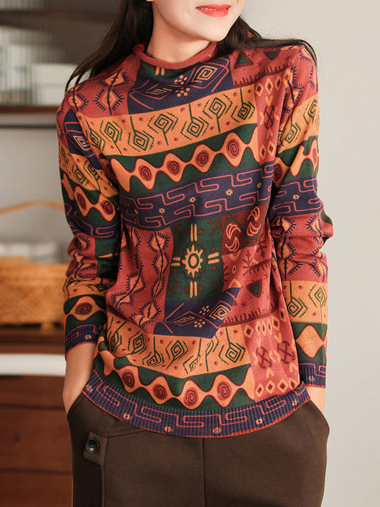 Half-High Collar Cotton Colorblock Women Autumn Casual Sweater