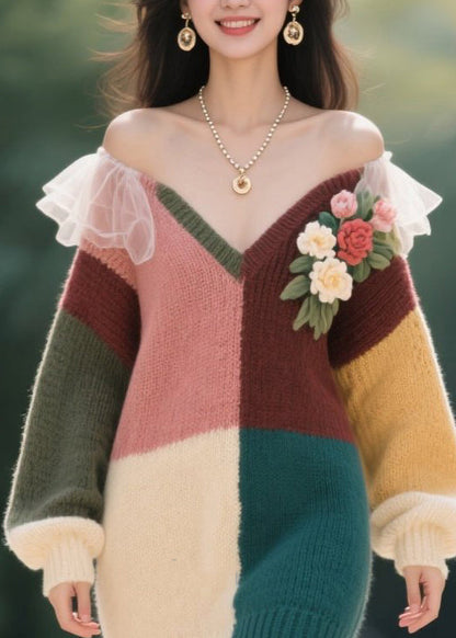 Stylish Colorblock V Neck Cold Shoulder Floral Knit Sweater Dress Fall