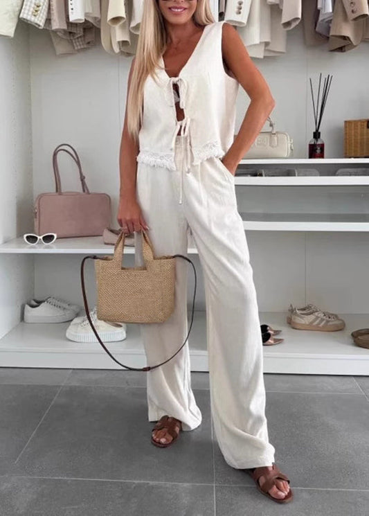 Women White Lace Patchwork Tie Waist Linen Vest And Wide Leg Pants Two Pieces Set Summer