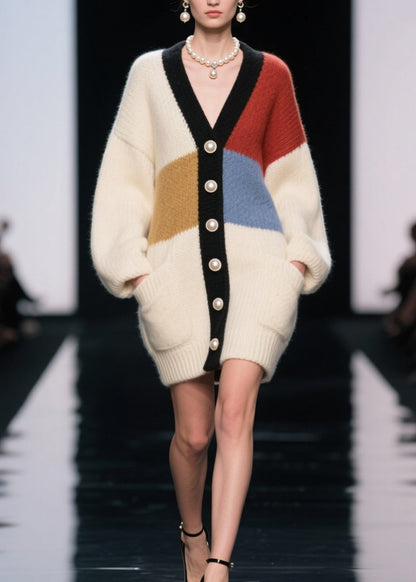 Women Colorblock V Neck Button Patchwork Knit Cardigan Fall