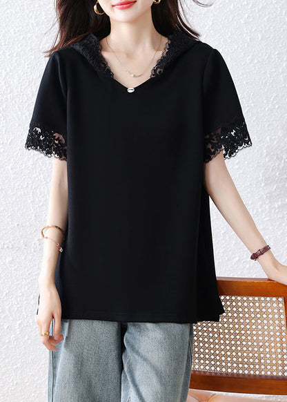 Women Black Hooded Patchwork Lace Tank Summer