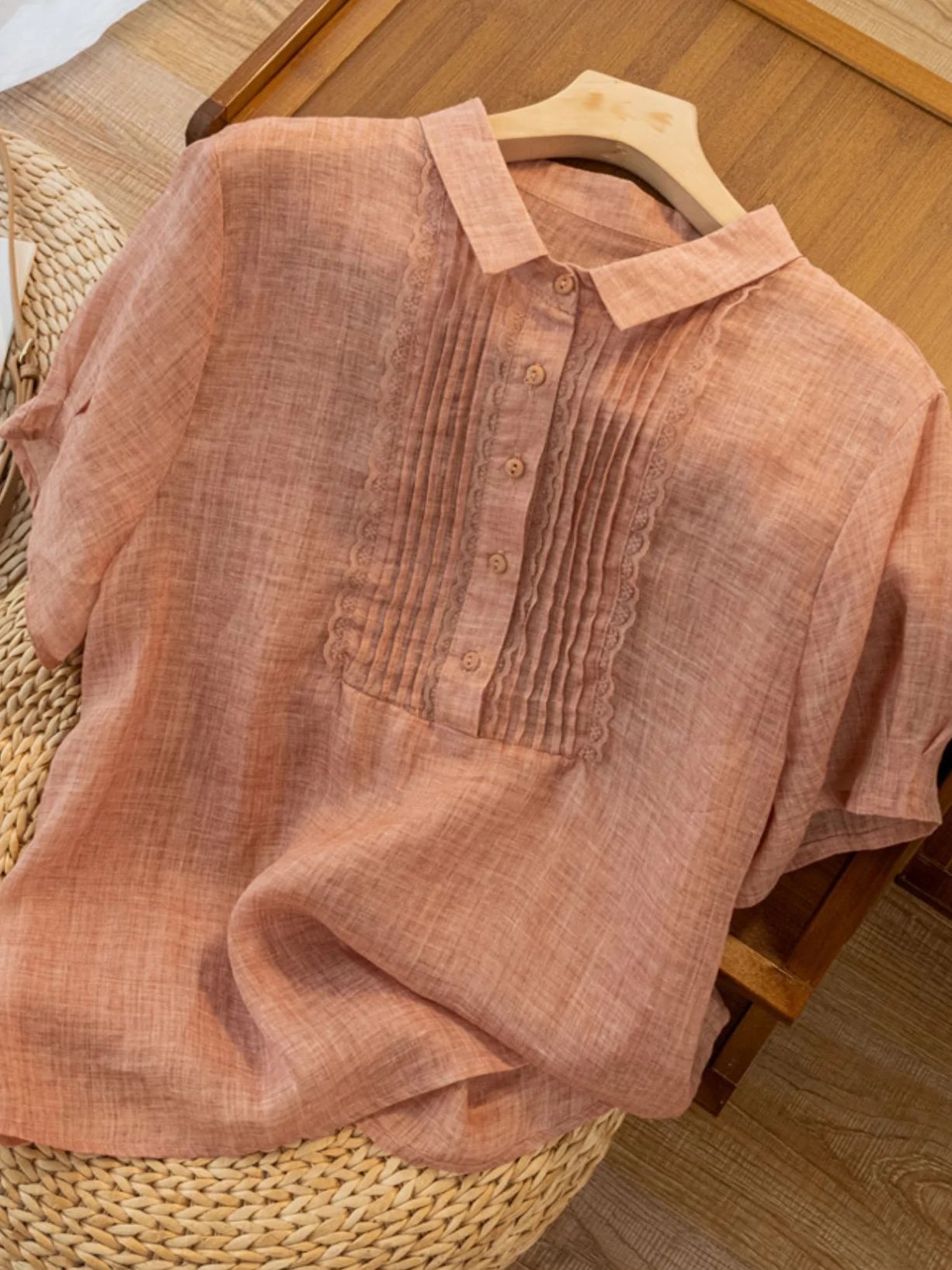 Solid Color Short Sleeve Casual Linen Pleated Top
