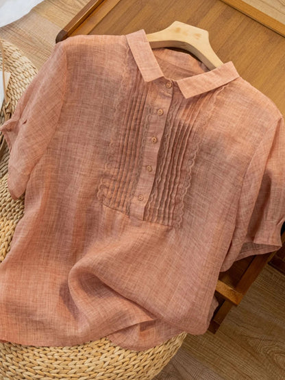 Solid Color Short Sleeve Casual Linen Pleated Top