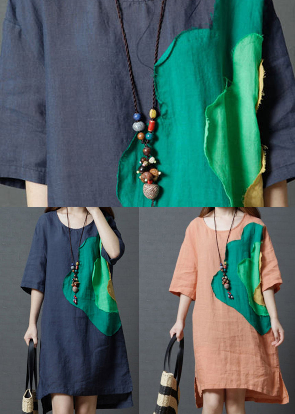 Women Orange Oversized Patchwork Cotton Vacation Dress Summer