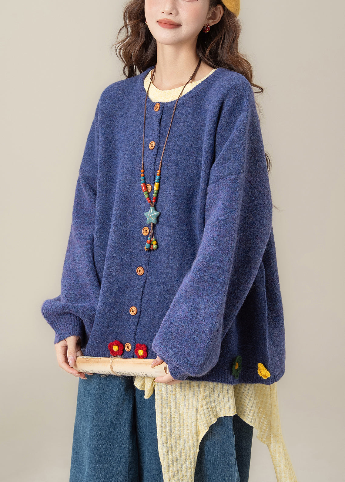 Art Blue O Neck Button Floral Knit Coat Spring