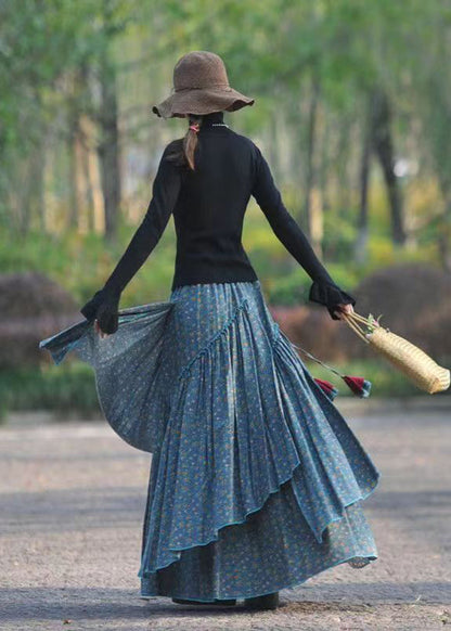 Women Blue Asymmetrical Print Elastic Waist Cotton Skirts Spring