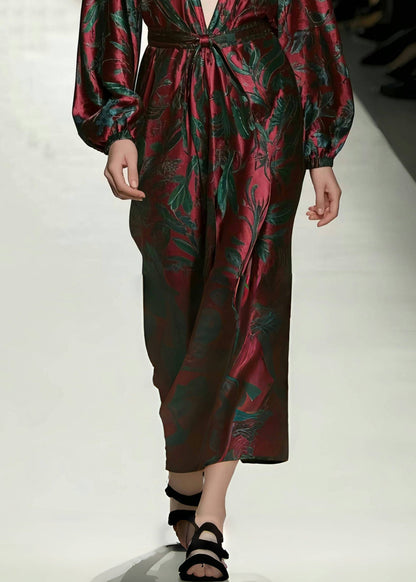 Casual Mulberry V Neck Print Silk Vacation Dresses Spring
