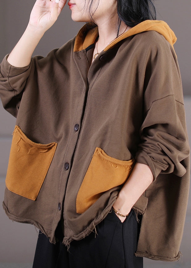 Retro Coffee Patchwork Cotton Hooded Coats Fall