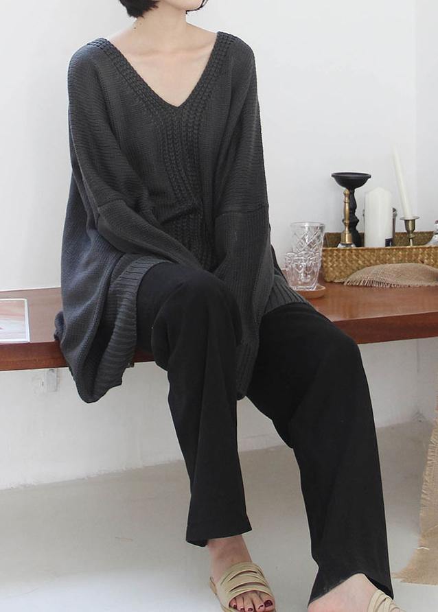 Vintage dark gray knitted blouse fall fashion v neck Batwing Sleeve knitted clothes
