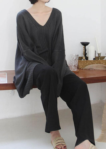 Vintage dark gray knitted blouse fall fashion v neck Batwing Sleeve knitted clothes