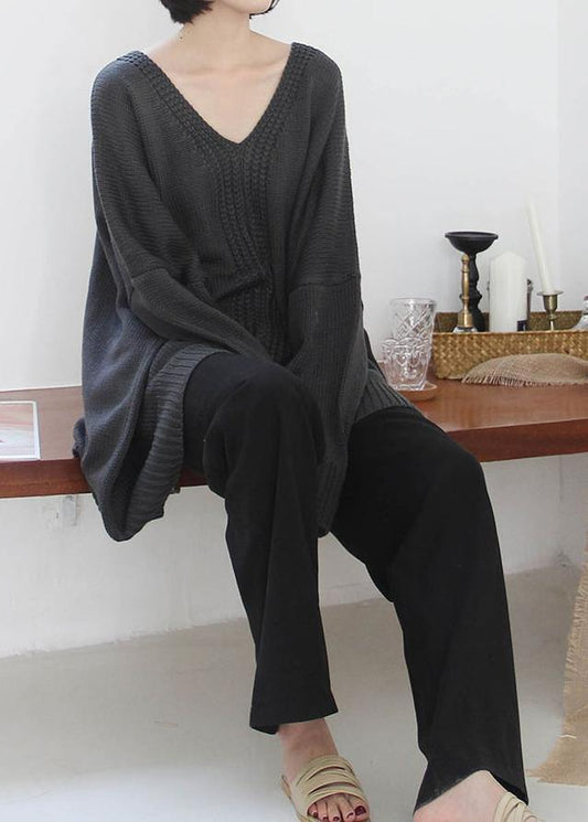 Vintage dark gray knitted blouse fall fashion v neck Batwing Sleeve knitted clothes