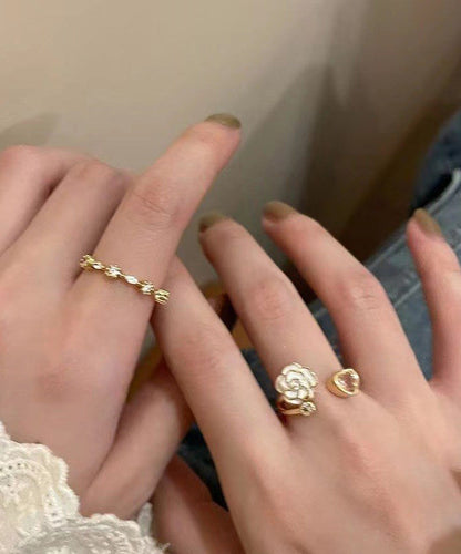 Camellia Heart Ring Womens Design Open Adjustable Finger Two-Piece Set