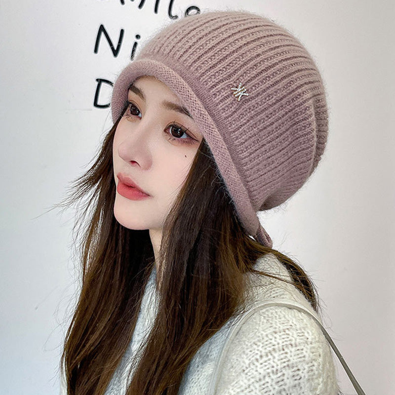 Women Winter Knitted Drawstring Hemming Warm Hat