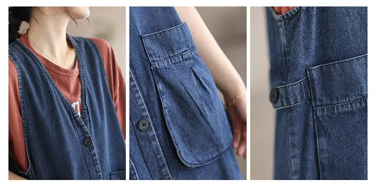 Mid Length Sleeveless Large Pocket V-Neck Plus Size Dress