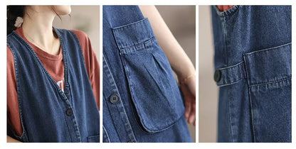 Mid Length Sleeveless Large Pocket V-Neck Plus Size Dress