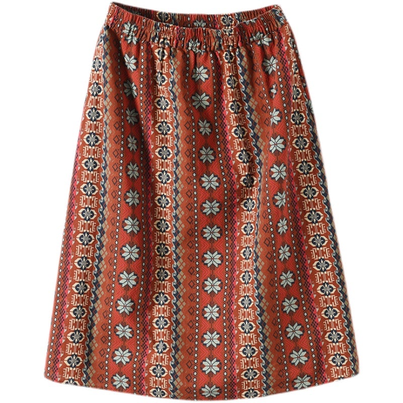 Retro Print Casual Cotton Linen A-Line Skirt