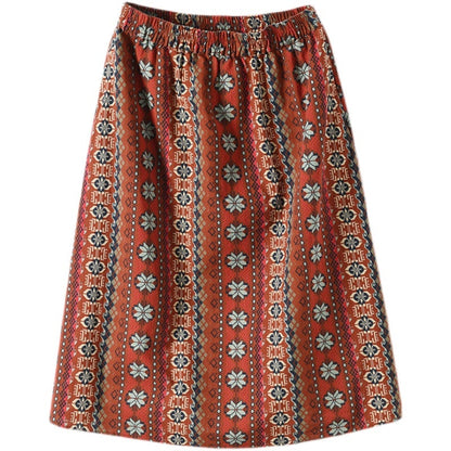 Retro Print Casual Cotton Linen A-Line Skirt