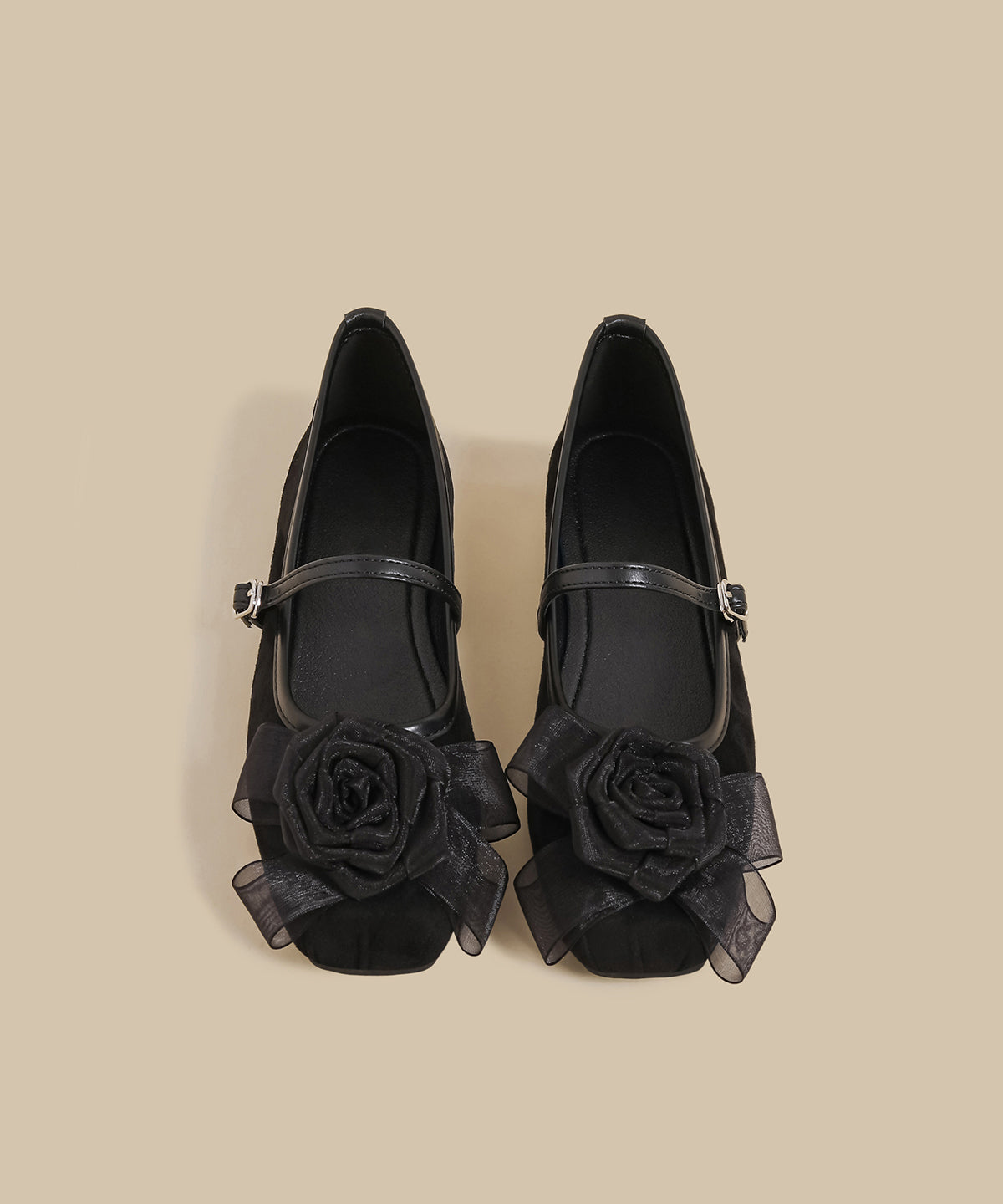 DIY Floral Buckle Strap Splicing Flat Feet Shoes Black Suede
