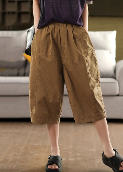Khaki Solid Loose Cotton Summer Crop Pants Elastic Waist