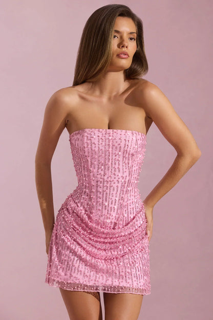 Embellished Draped Strapless A-Line Mini Dress In Pink
