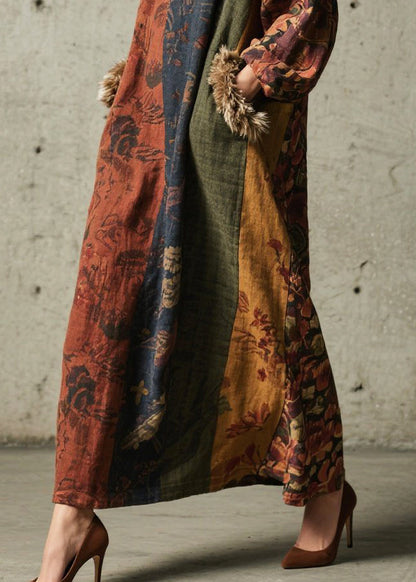 Vintage Print Patchwork Faux Fur Maxi Dresses Fall