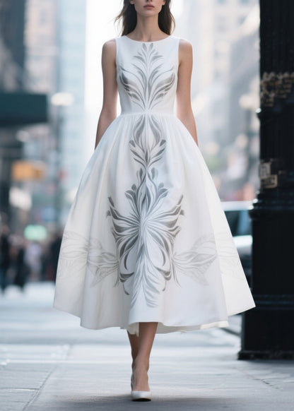 Elegant White Print Exra Large Hem Silk Cotton Dress Summer