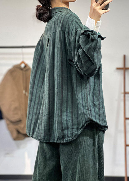 Plus Size Green Peter Pan Collar Striped Thick Linen Coats Winter