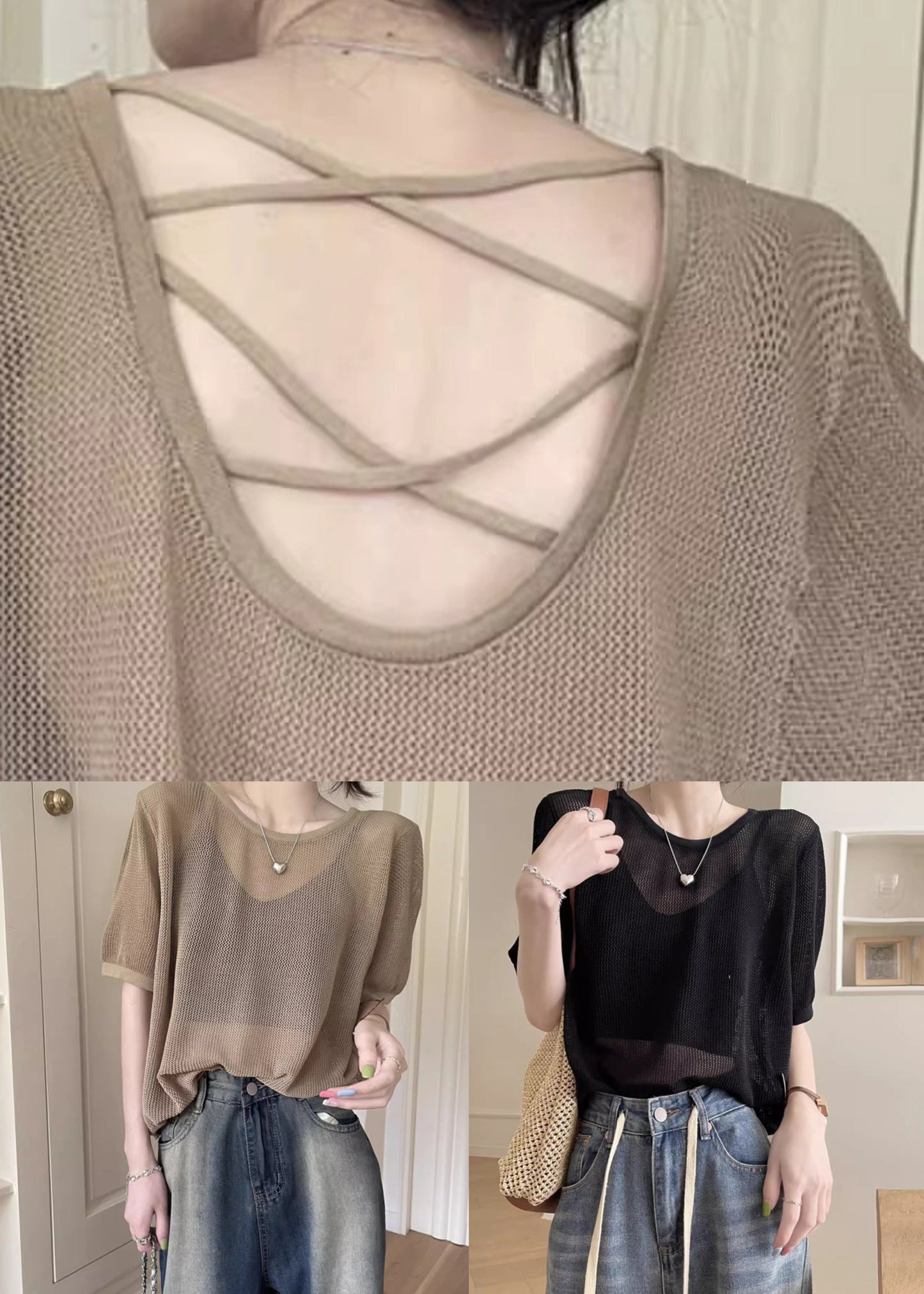 Black Hollow Out Solid Summer Knit T Shirts O Neck