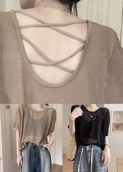 Black Hollow Out Solid Summer Knit T Shirts O Neck