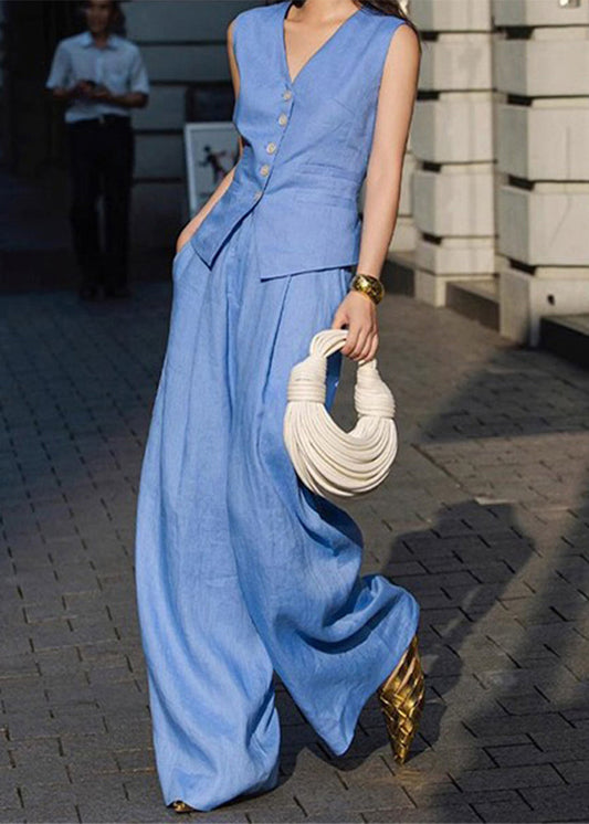 Elegant Blue V Neck Button Waistcoat And Straight Pants Two Pieces Set Sleeveless