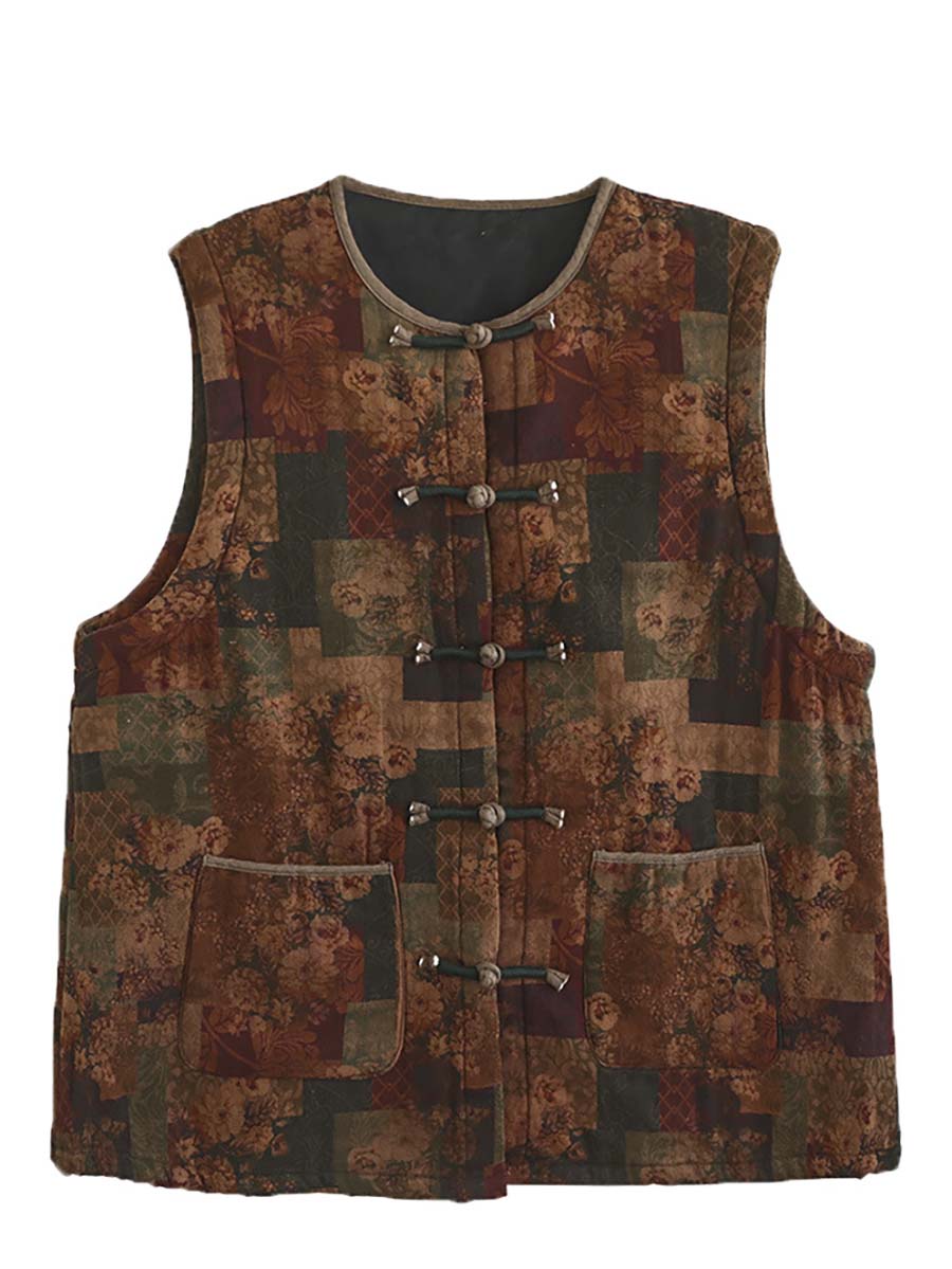 Women Artsy Ethni Floral Print Frog Waistcoat