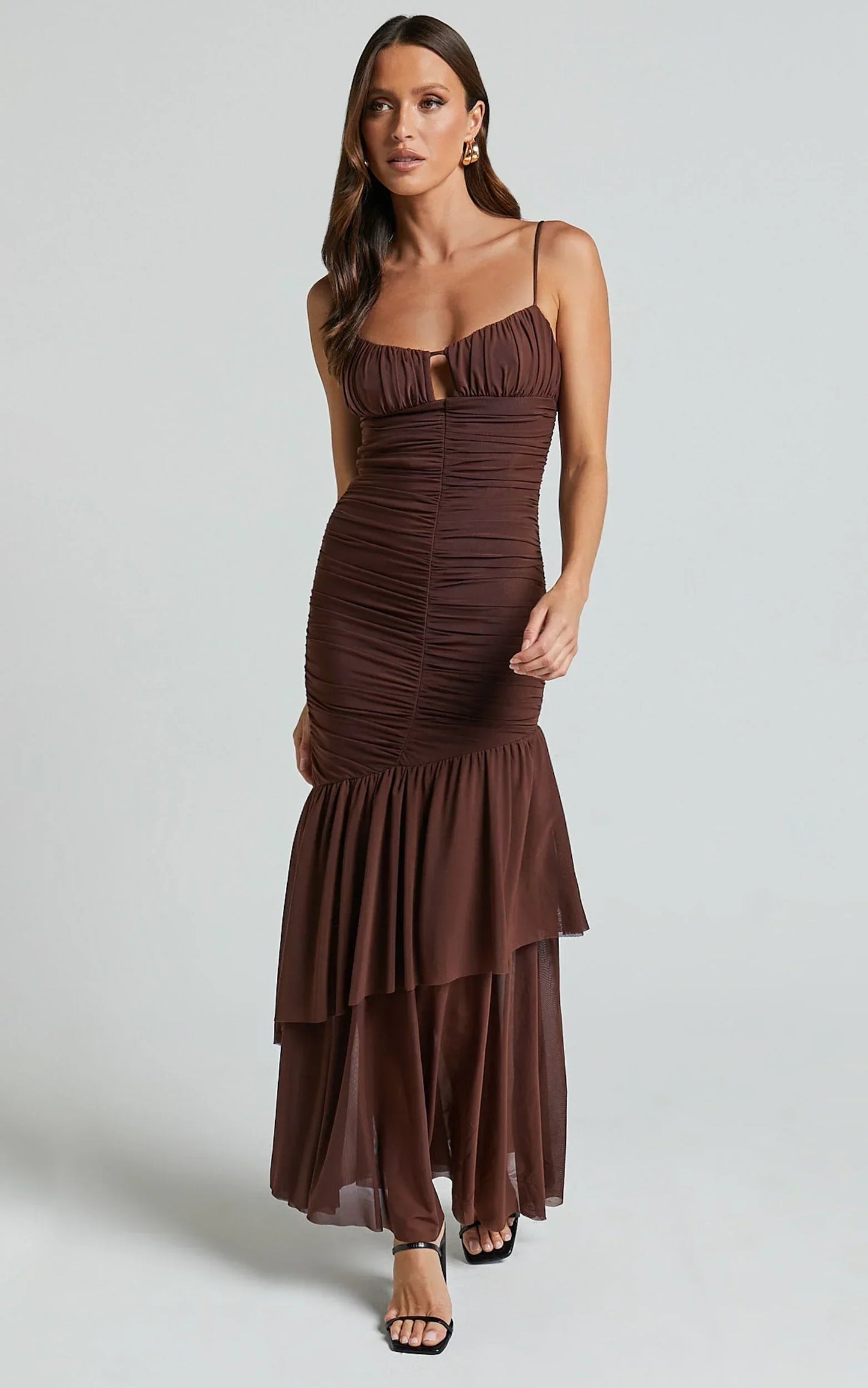 Harlene Maxi Dress- Ruched Mesh Frill Hem Dress In Chocolate