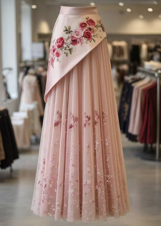 Beautiful Pink Print Wrinkled Tulle Patchwork Skirt Summer