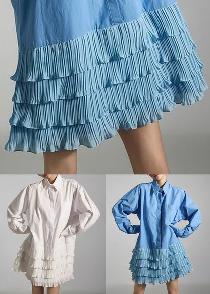 French Blue Peter Pan Collar Wrinkled Patchwork Cotton Mid Dress Fall